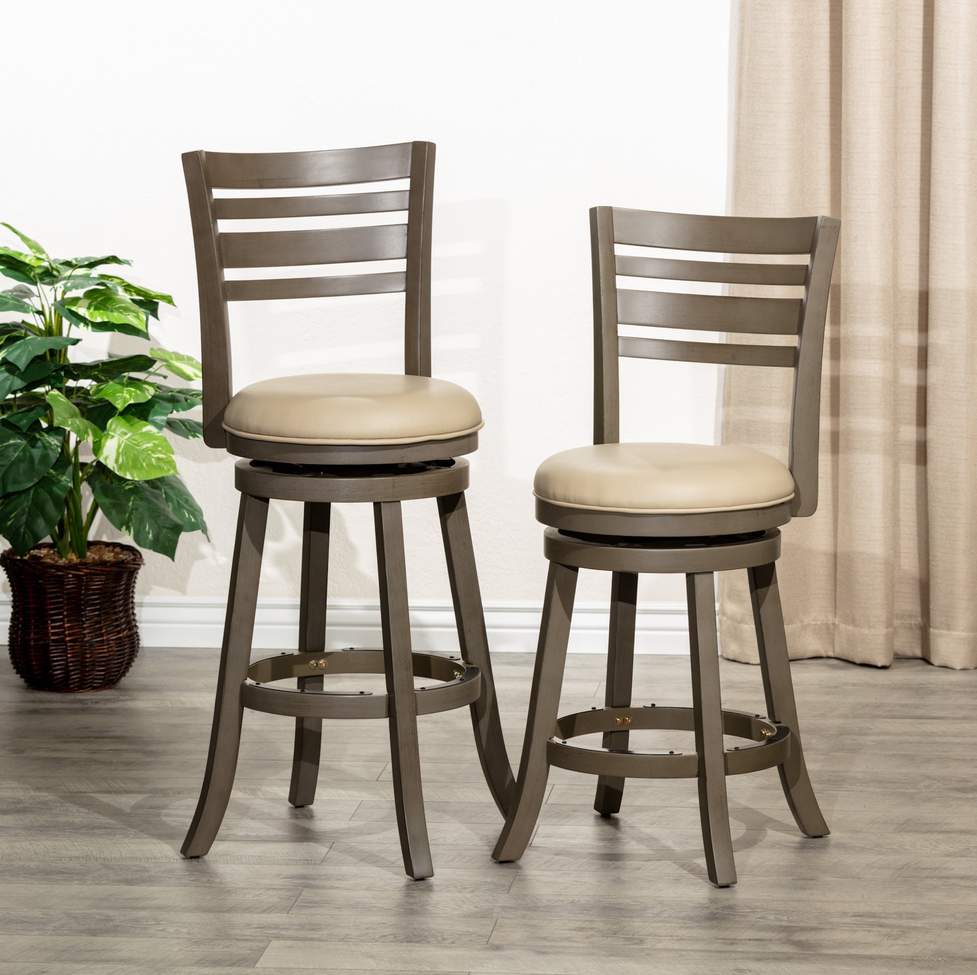 24" Counter Height Slat Back Swivel Stool, Weathered Gray Finish, French Gray Leather Seat Gray Bonded Leather