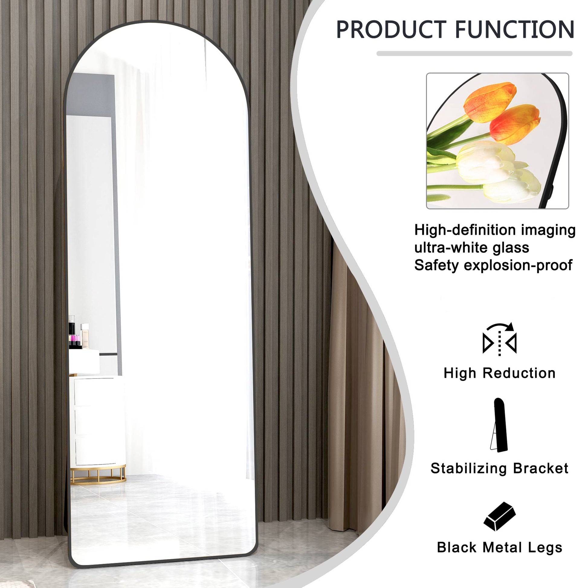 The 4St Generation Of Floor Mounted Full Length Mirrors. Aluminum Alloy Metal Frame Arched Wall Mirror, Bathroom Makeup Mirror, Bedroom Porch, Clothing Store, Wall Mounted. Black 65 "* 23"