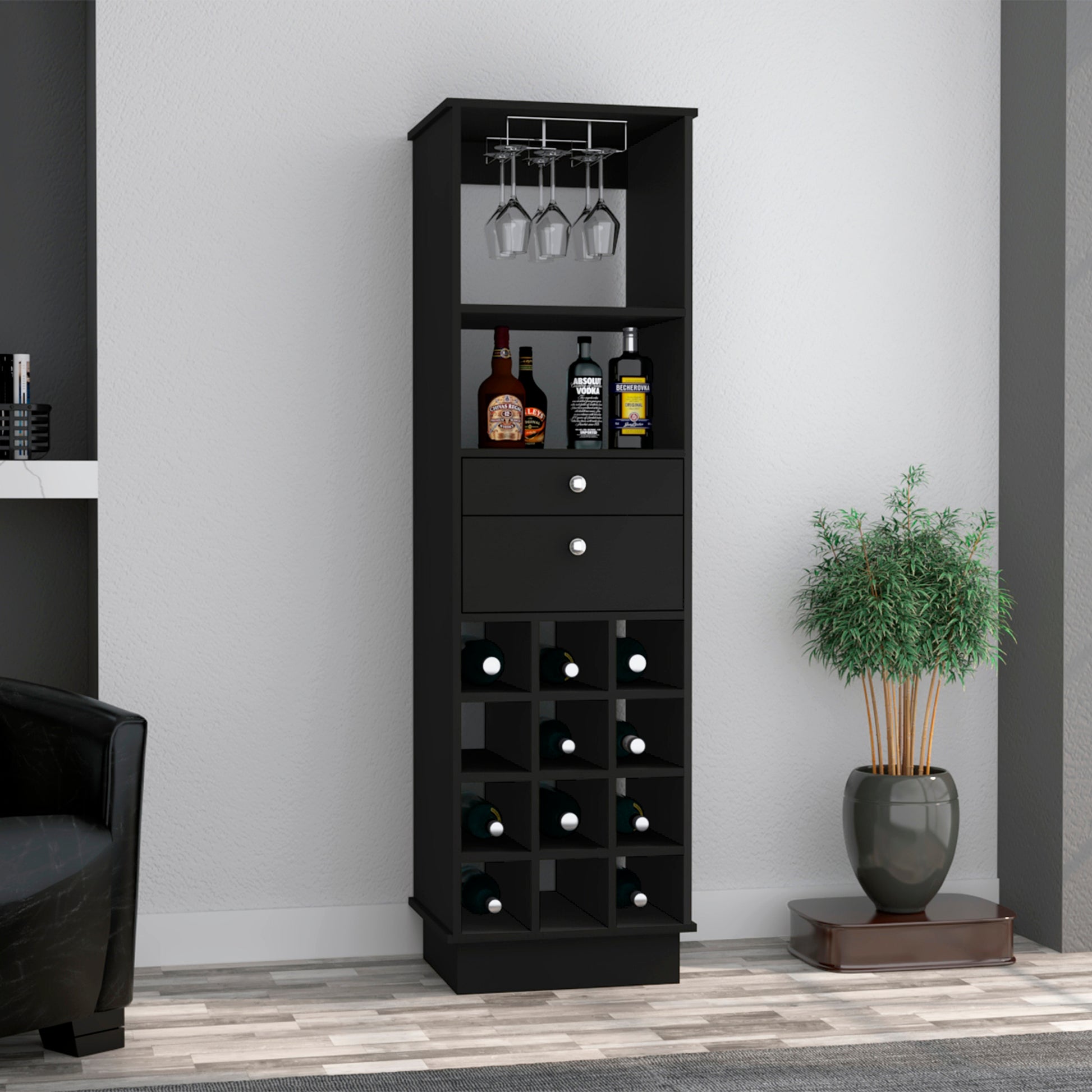 Black Wengue 12 Bottle 2 Drawer 1 Shelf Bar Cabinet Black Particle Board