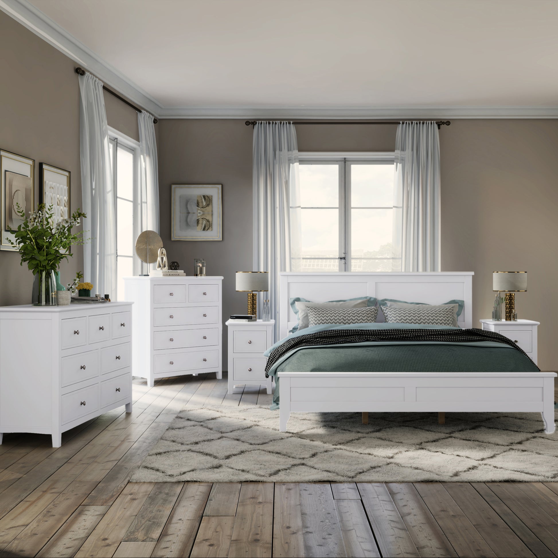 White Solid Wood 5 Pieces Queen Bedroom Sets Bed Nightstand*2 Chest Dresser Old Sku:Bs515101Aak Queen White 5 Piece Set Solid Wood