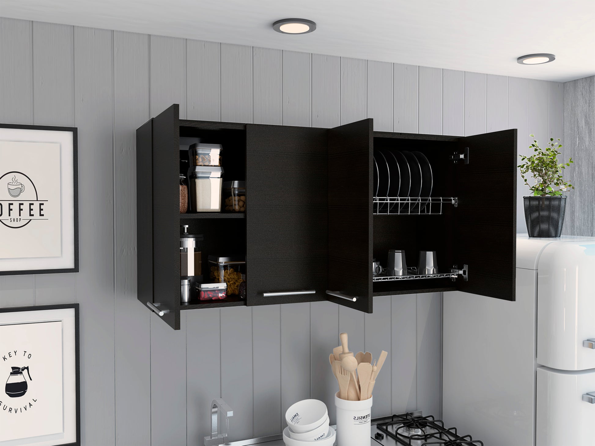 Stockton Rectangle Four Swing Doors Wall Cabinet Black Wengue Black Particle Board