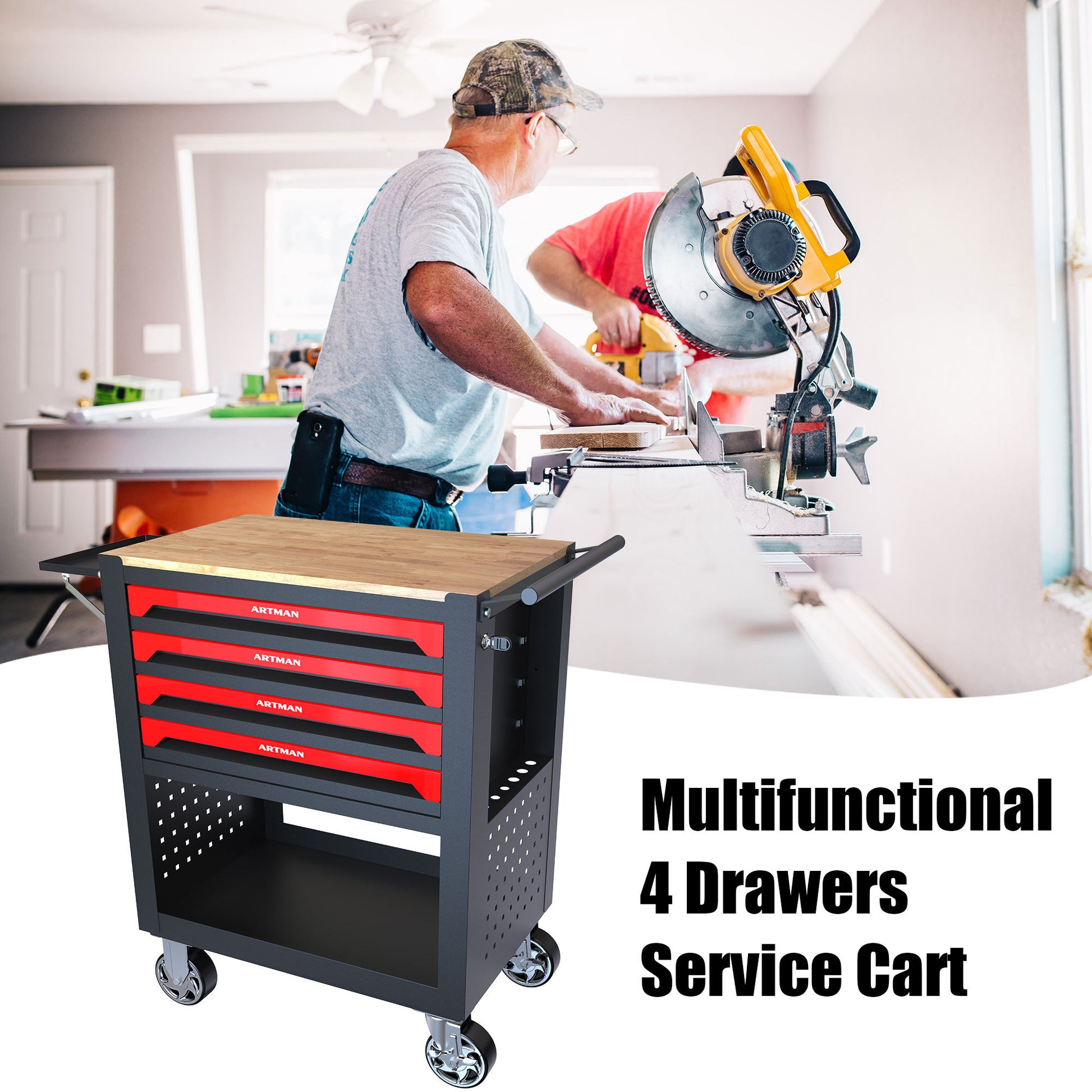 4 Drawers Multifunctional Tool Cart With Wheels And Wooden Top Black Red Metal