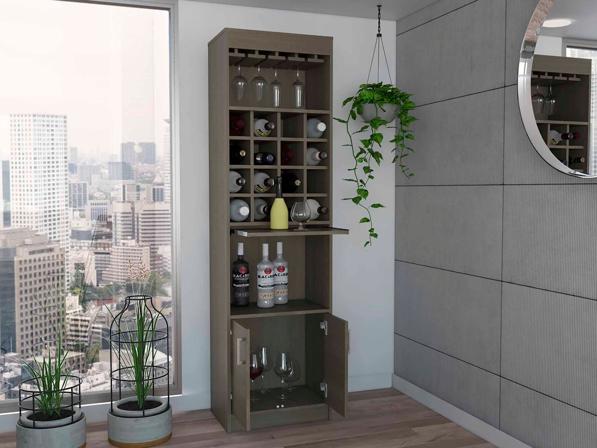 Smokey Oak 16 Bottle 1 Shelf Bar Cabinet Beige Particle Board