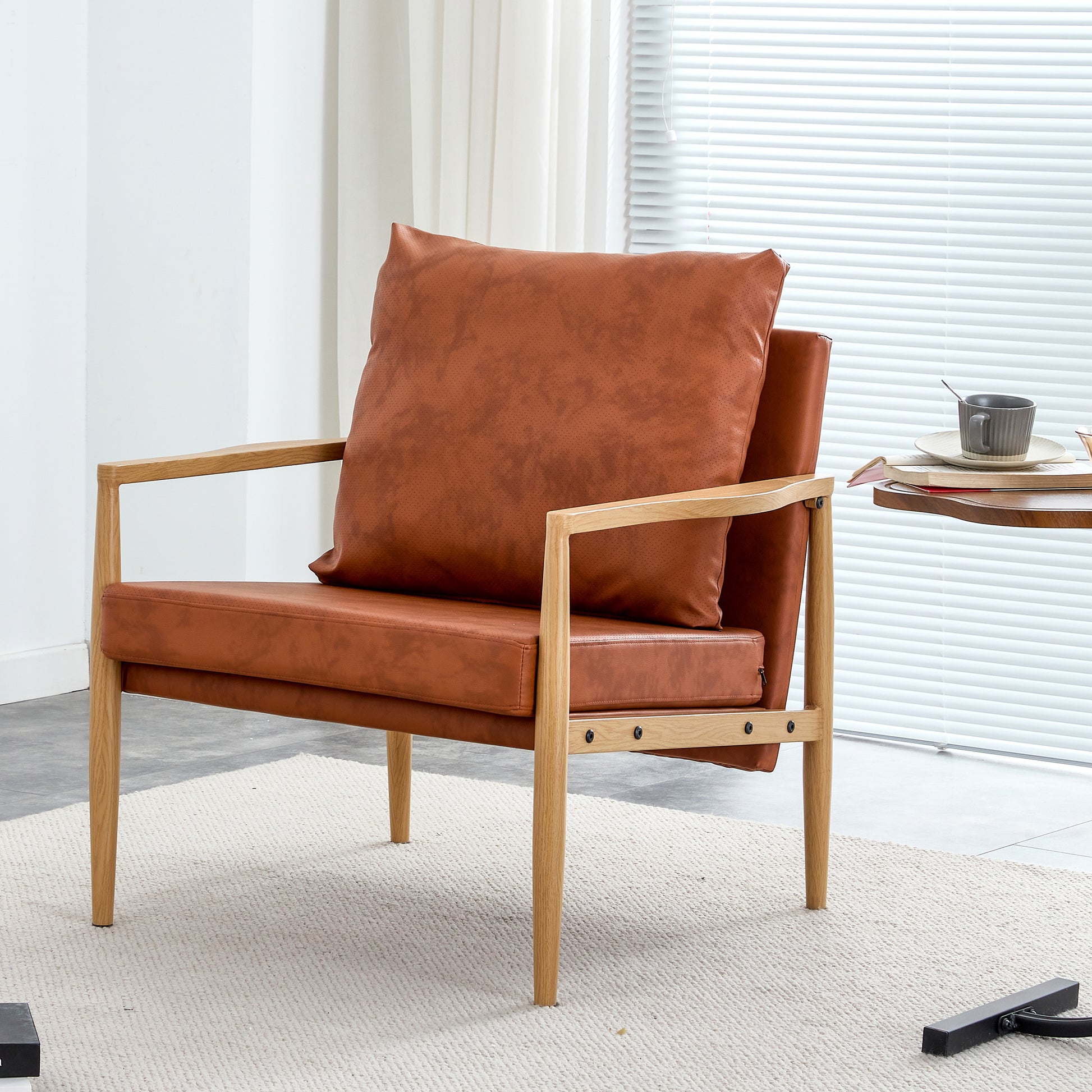 Pu Leather Accent Arm Chair Mid Century Modern Upholstered Armchair With Imitation Solid Wood Color Metal Frame Extra Thick Padded Backrest And Seat Cushion Sofa Chairs For Living Room Sf 010 Brown Foam Pu