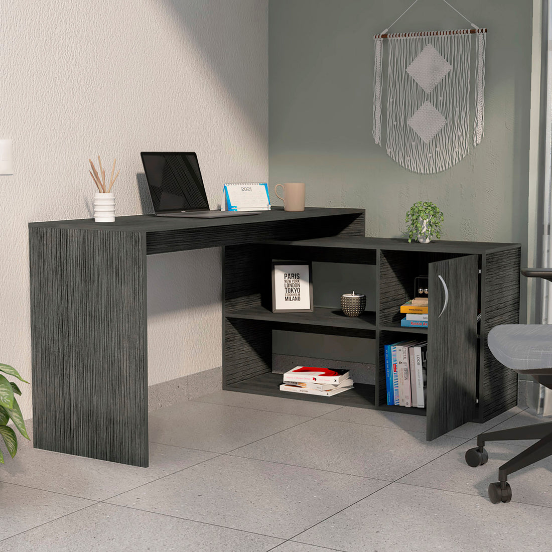 Smokey Oak 1 Drawer 2 Shelf L Shaped Office Desk Gray Particle Board