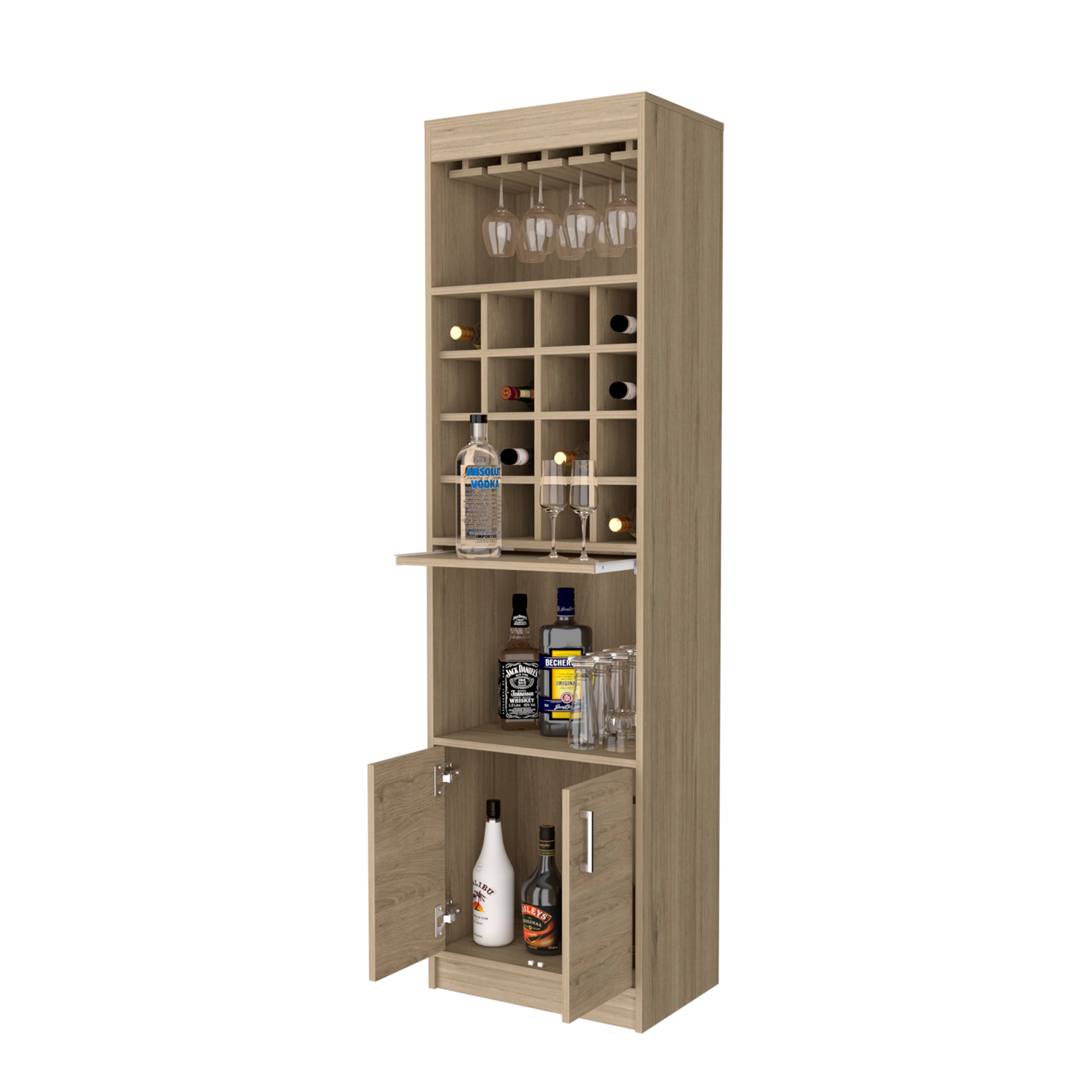 Light Pine 16 Bottle 1 Shelf Bar Cabinet Beige Particle Board