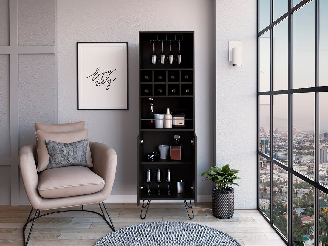 Thorndike 8 Bottle 2 Shelf Bar Cabinet Black Wengue Black Particle Board