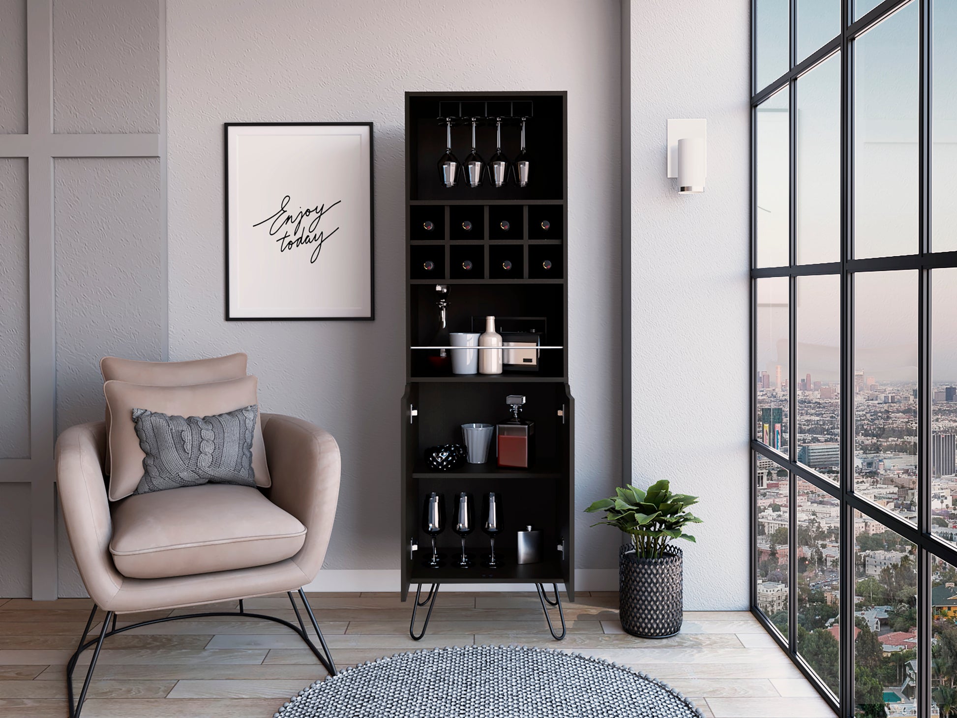 Thorndike 8 Bottle 2 Shelf Bar Cabinet Black Wengue Black Particle Board