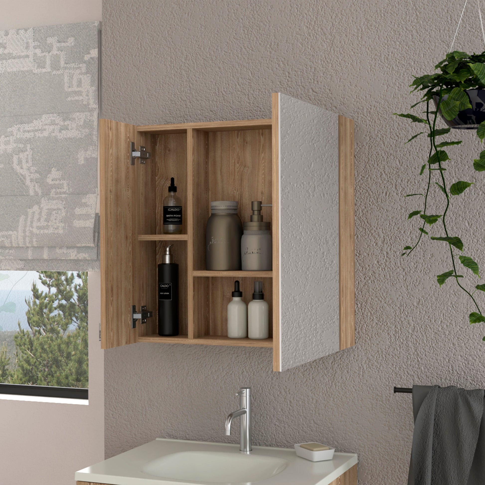 4 Shelf Bathroom Medicine Cabinet With Mirror Beige Particle Board