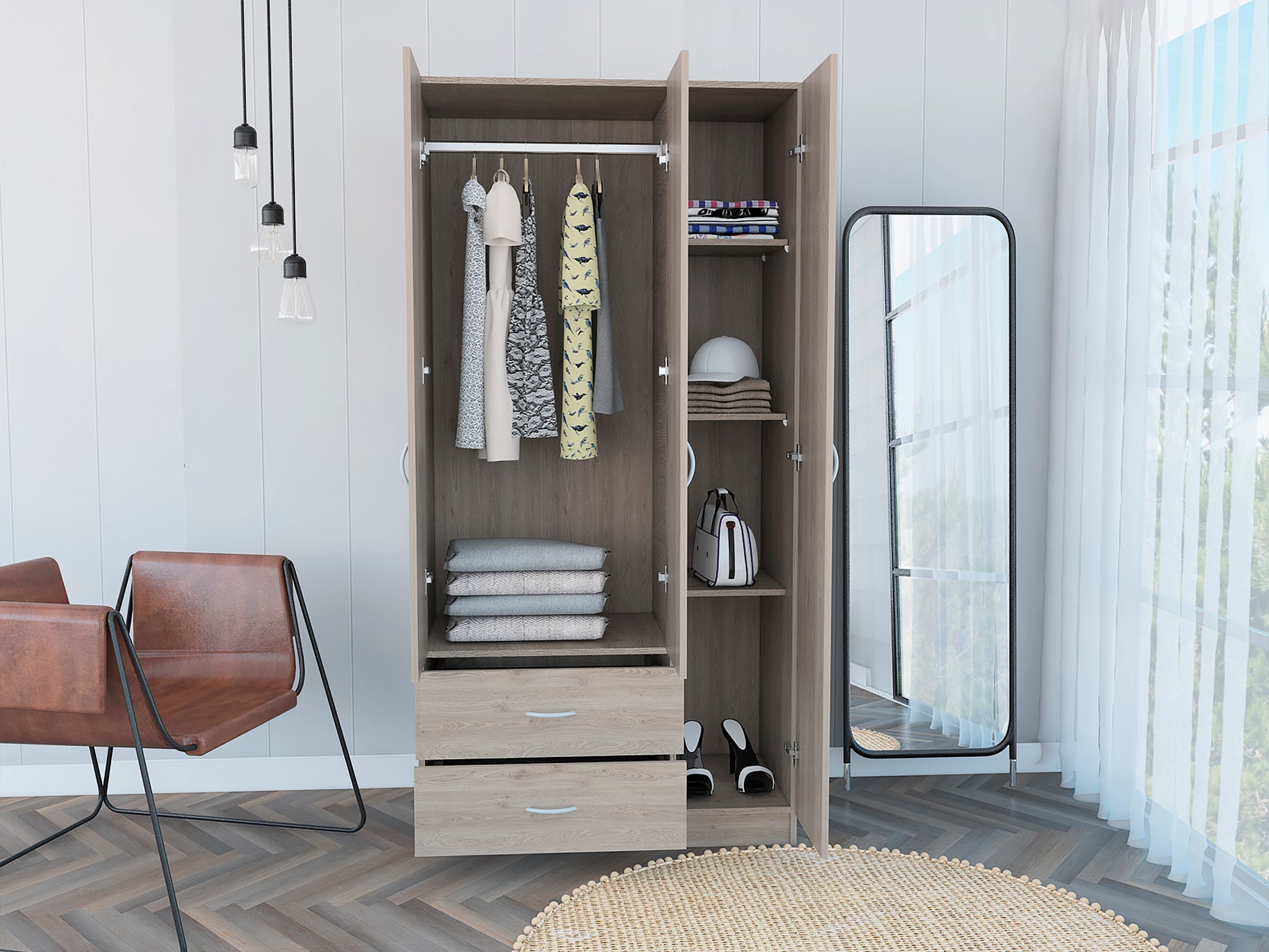 Rowaton 2 Drawer 3 Door Armoire Light Gray Light Gray Particle Board
