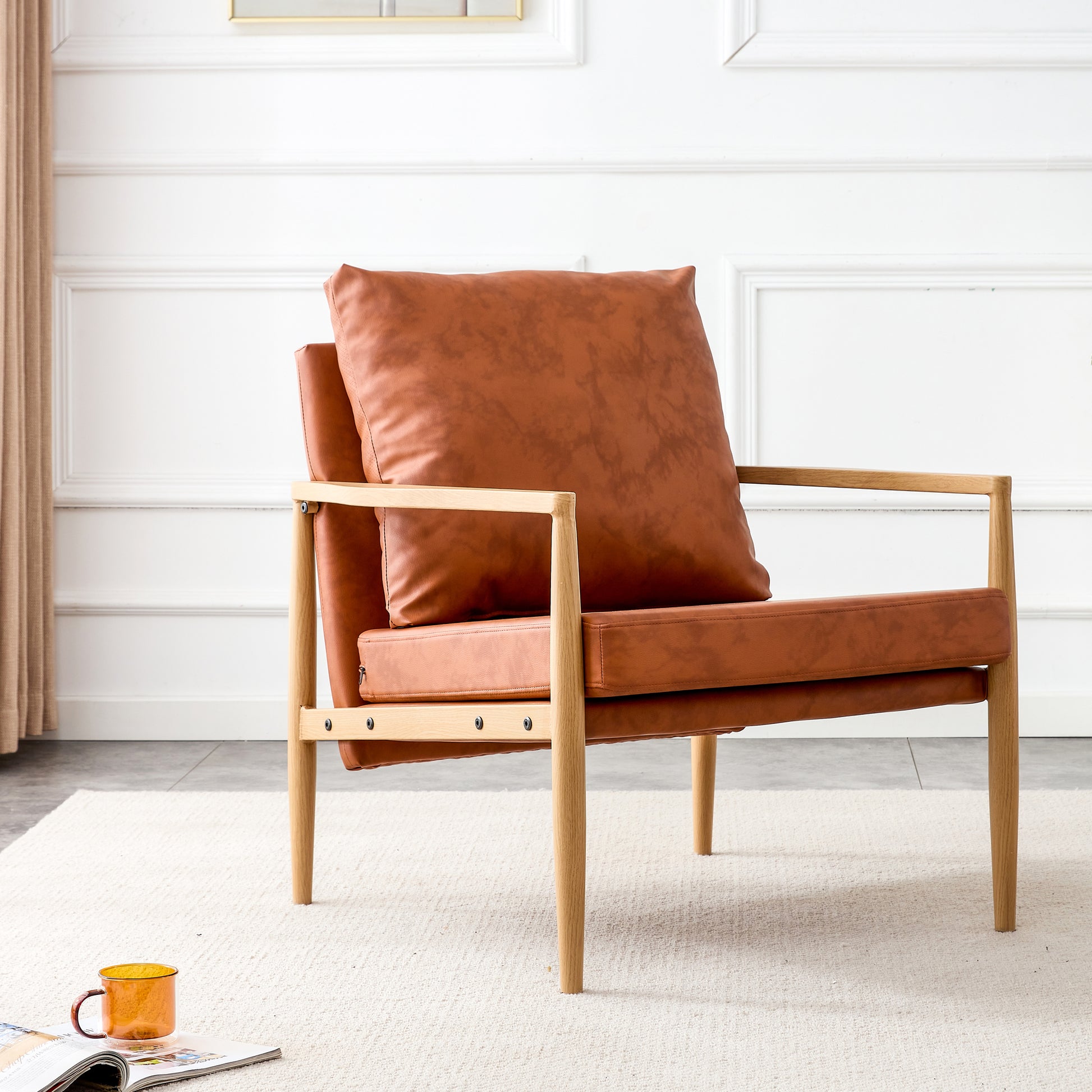 Pu Leather Accent Arm Chair Mid Century Modern Upholstered Armchair With Imitation Solid Wood Color Metal Frame Extra Thick Padded Backrest And Seat Cushion Sofa Chairs For Living Room Sf 010 Brown Foam Pu
