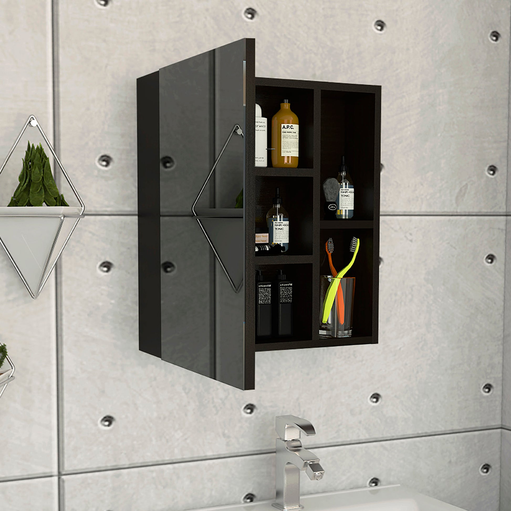 Whirlwind 1 Shelf Rectangle Medicine Cabinet With Mirror Black Wengue Black Particle Board