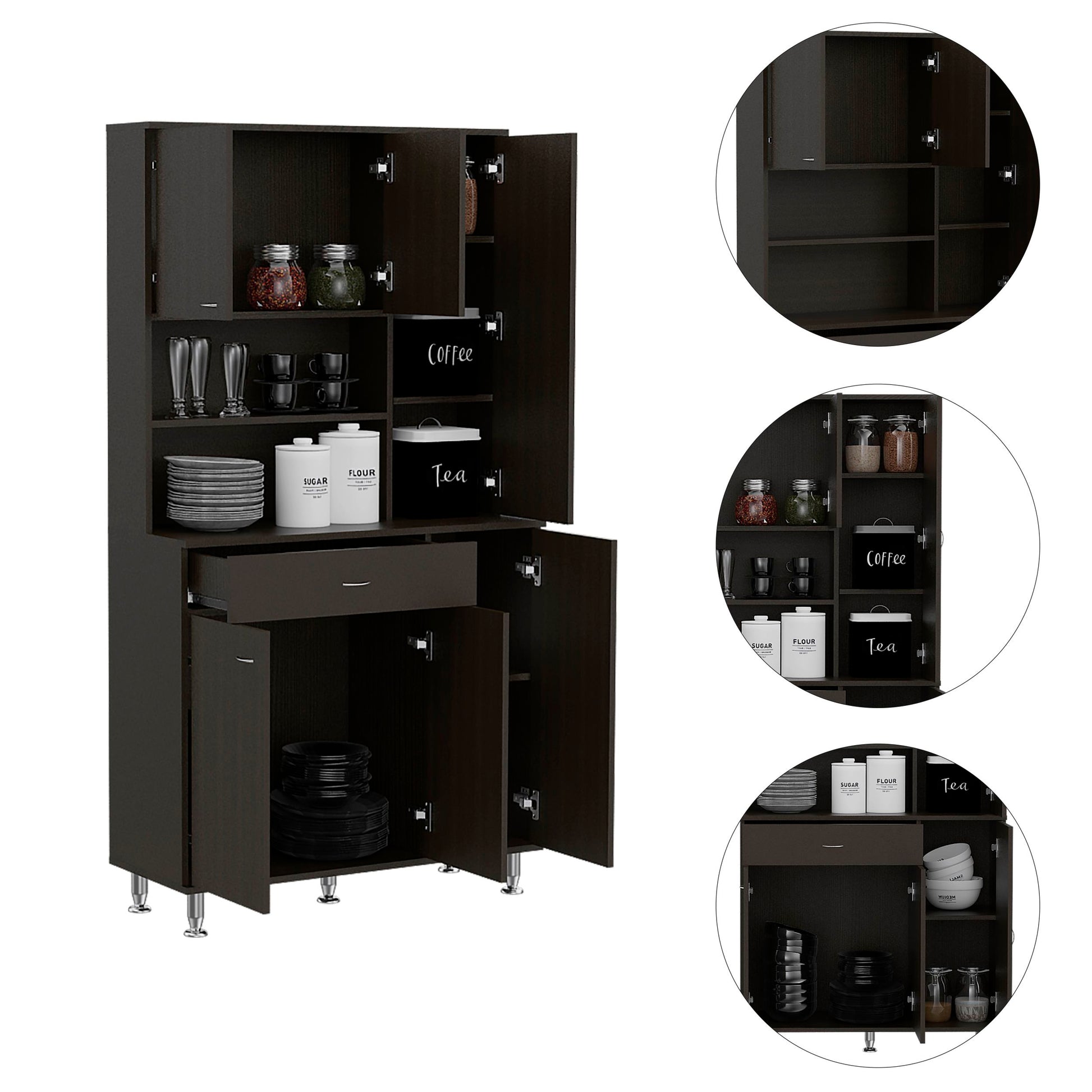 Tigard 1 Shelf 1 Drawer Pantry Cabinet Black Wengue Black Particle Board