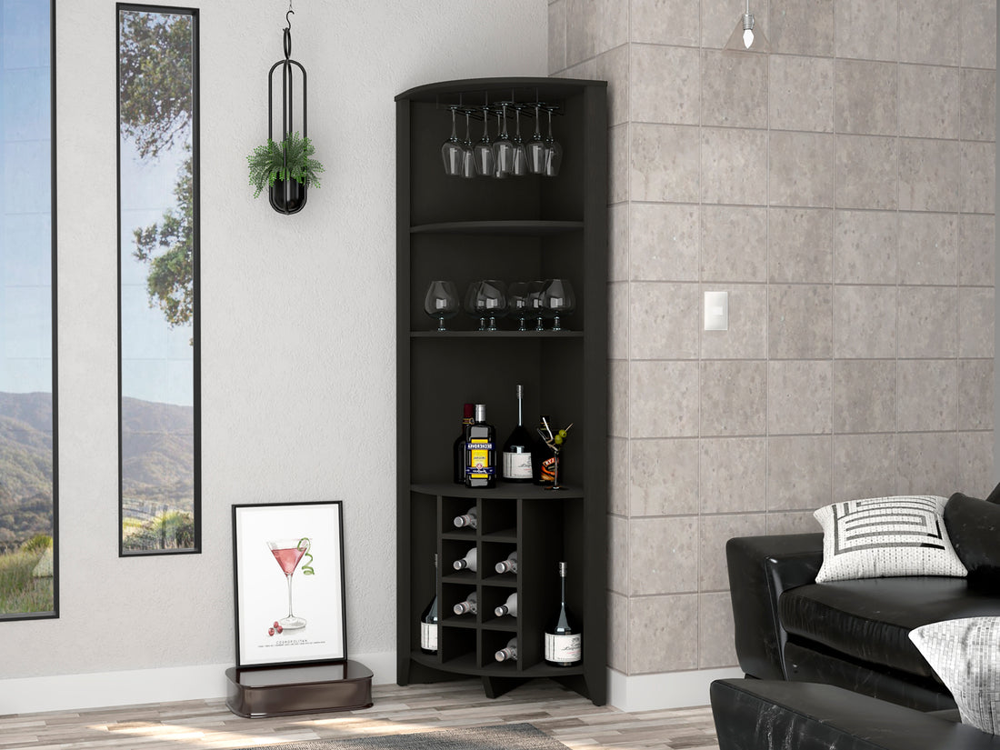 Morgana 8 Bottle 5 Shelf Corner Bar Cabinet Black Wengue Black Particle Board