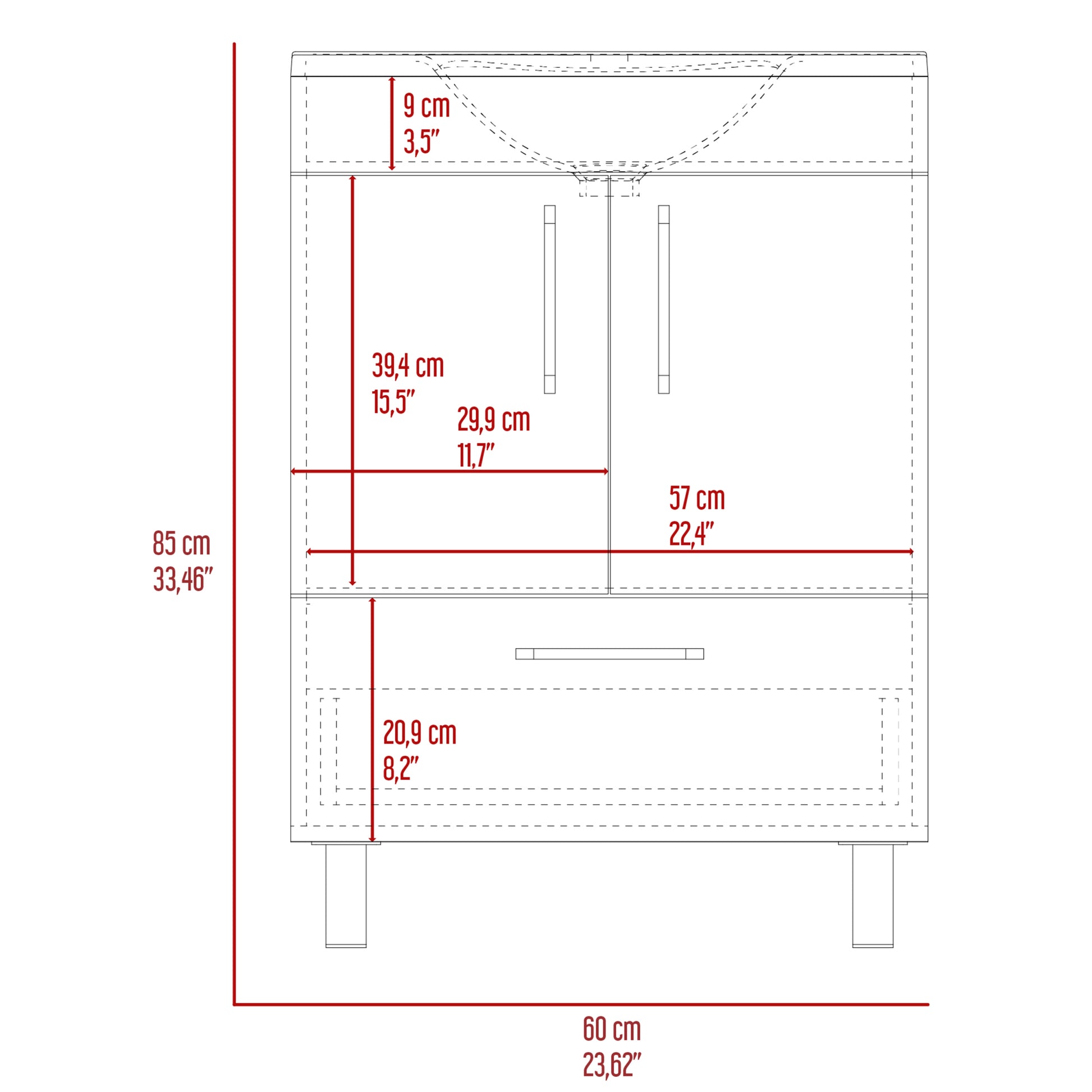 White 2 Door Rectangle Single Bathroom Vanity White Particle Board