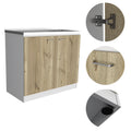 White And Light Oak Rectangle 2 Door Utility Sink And Cabinet Beige Particle Board
