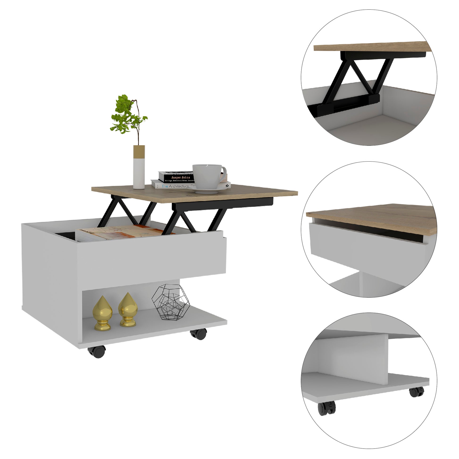 White And Light Oak 1 Drawer 1 Shelf Lift Top Coffee Table White Particle Board
