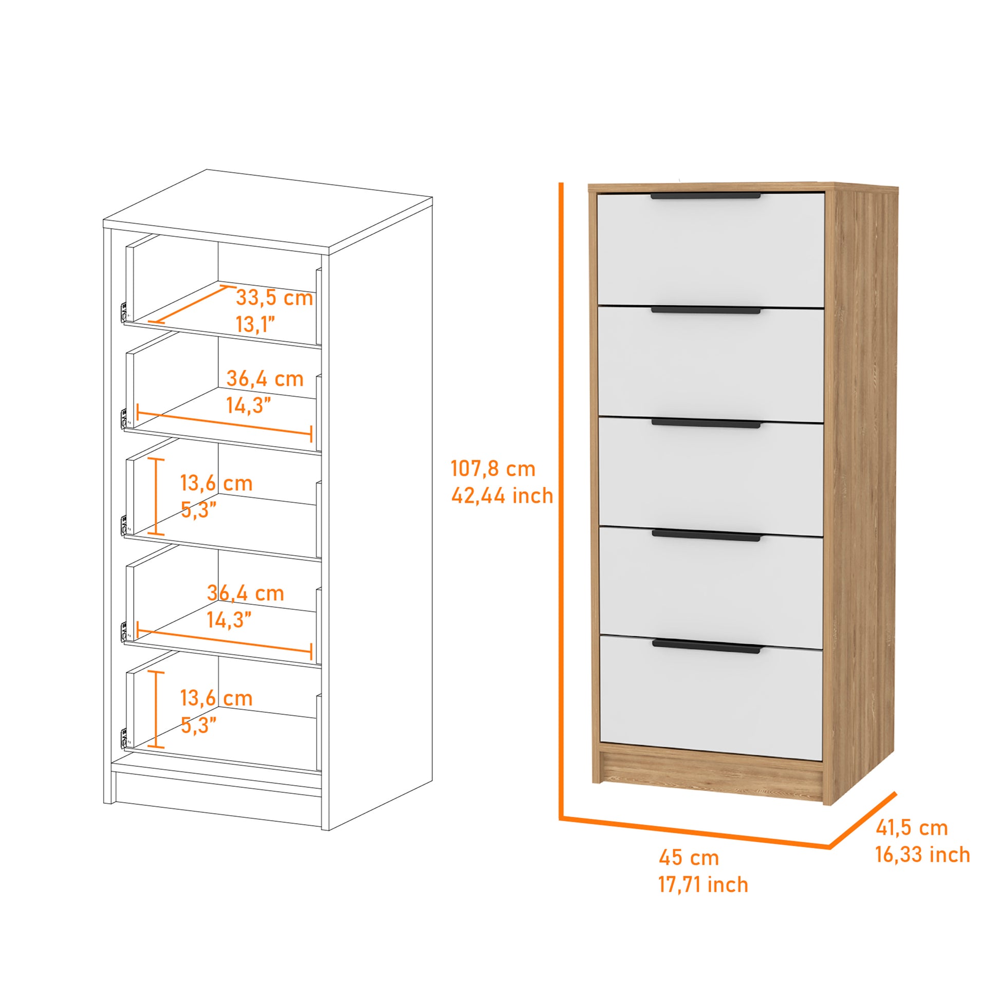 Cannon 5 Drawer Rectangle Dresser White And Light Oak White White Bedroom Modern Particle Board