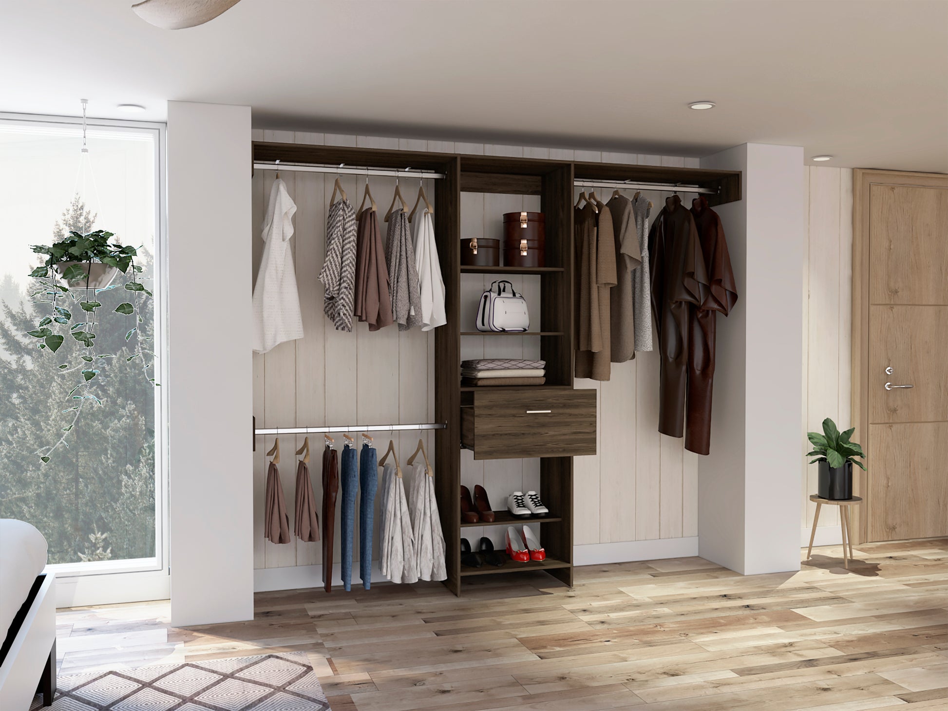 Calveston 1 Drawer 4 Shelf Closet System Dark Walnut Brown Particle Board