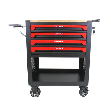 4 Drawers Multifunctional Tool Cart With Wheels And Wooden Top Black Red Metal