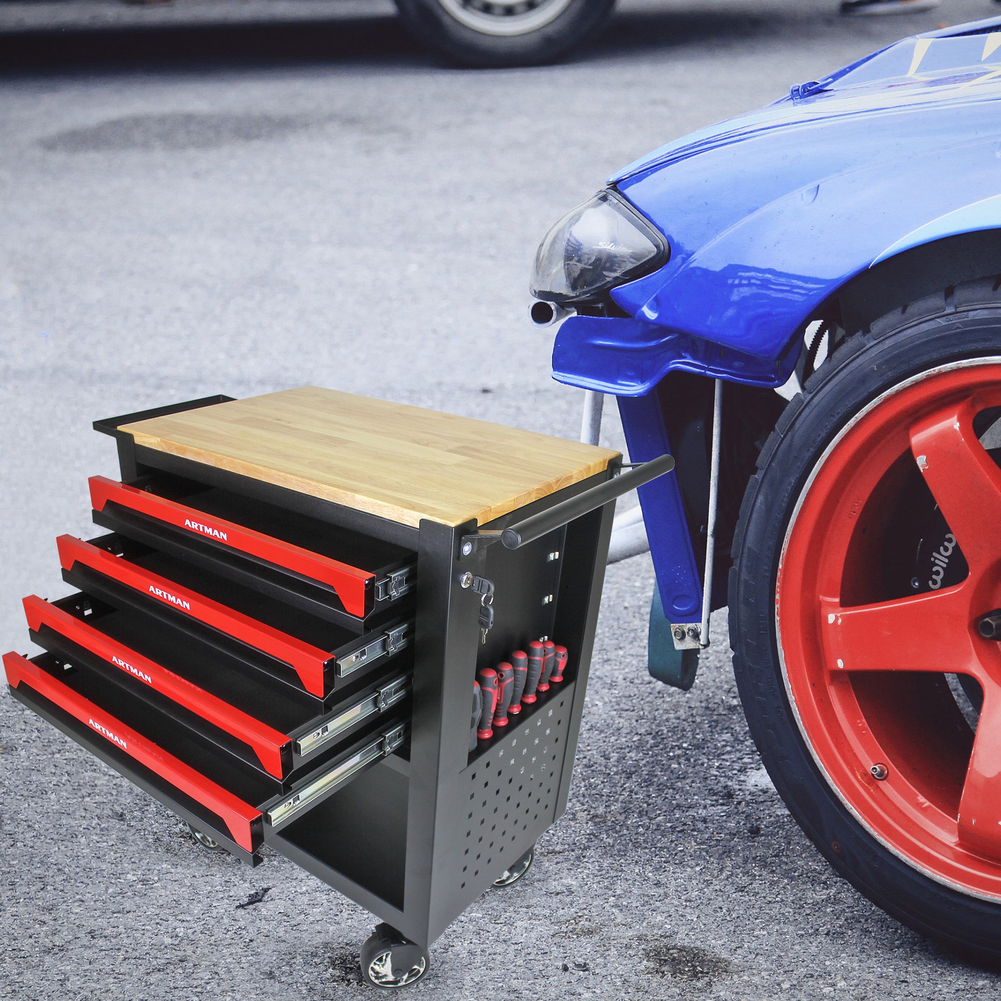 4 Drawers Multifunctional Tool Cart With Wheels And Wooden Top Black Red Metal