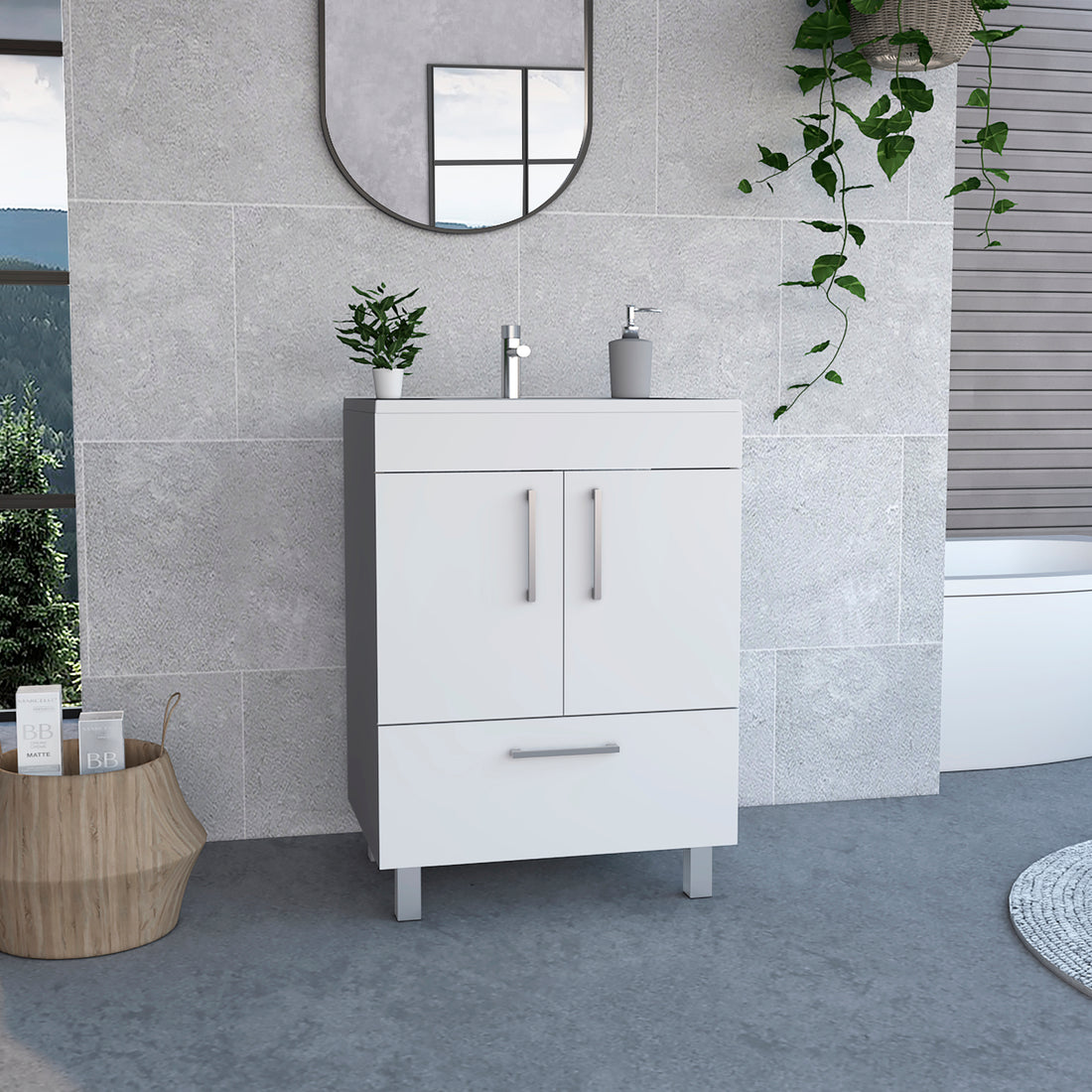 White 2 Door Rectangle Single Bathroom Vanity White Particle Board