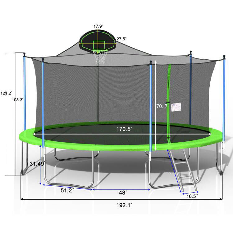 16Ft Trampoline For Adults & Kids With Basketball Hoop, Outdoor Trampolines W Ladder And Safety Enclosure Net For Kids And Adults Green Metal