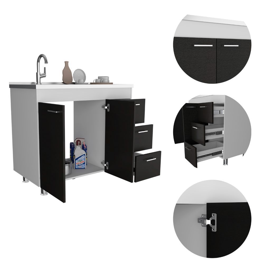 Lighthouse 3 Drawer Base Cabinet White And Black Wengue Black Particle Board