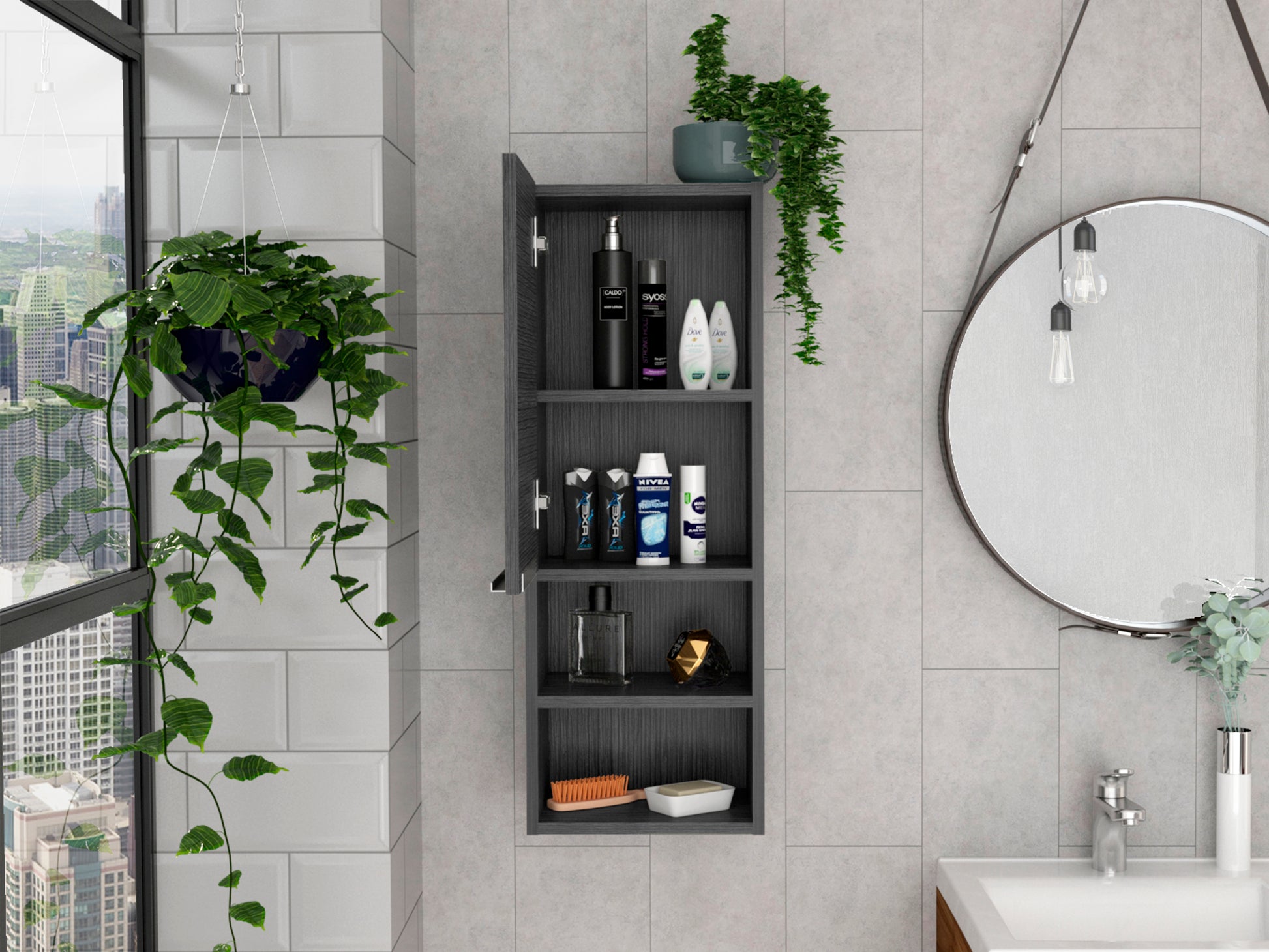 Smokey Oak Rectangle 2 Shelf Medicine Cabinet Gray Particle Board