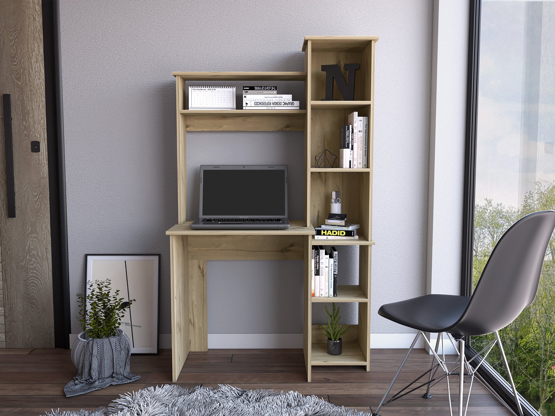 Light Oak 6 Shelf Writing Desk With Built In Bookcase Light Oak Particle Board