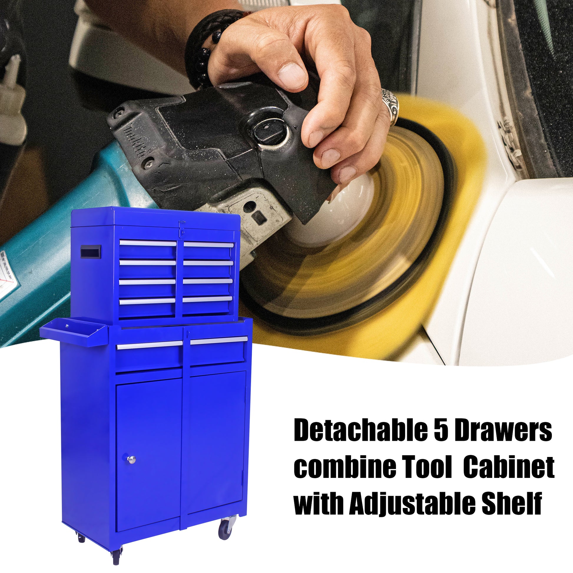 Detachable 5 Drawer Tool Chest With Bottom Cabinet And One Adjustable Shelf Blue Blue Metal