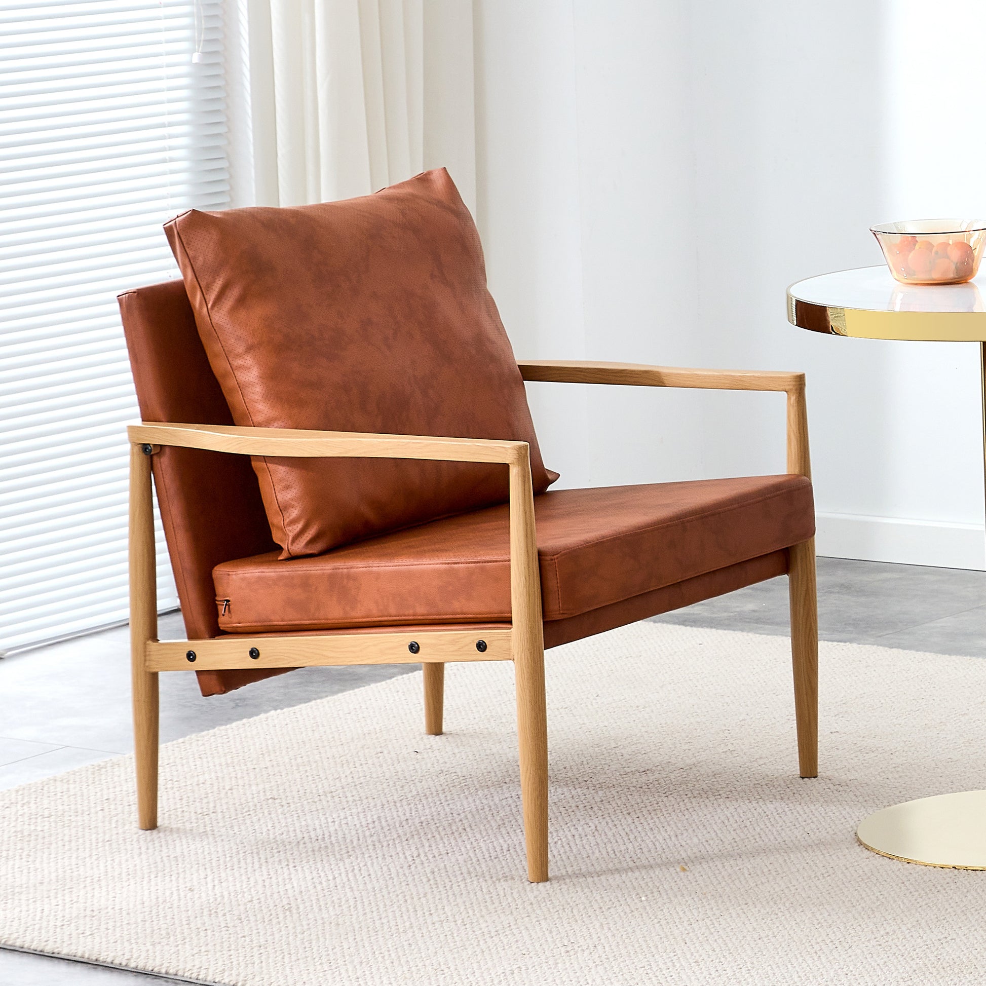 Pu Leather Accent Arm Chair Mid Century Modern Upholstered Armchair With Imitation Solid Wood Color Metal Frame Extra Thick Padded Backrest And Seat Cushion Sofa Chairs For Living Room Sf 010 Brown Foam Pu