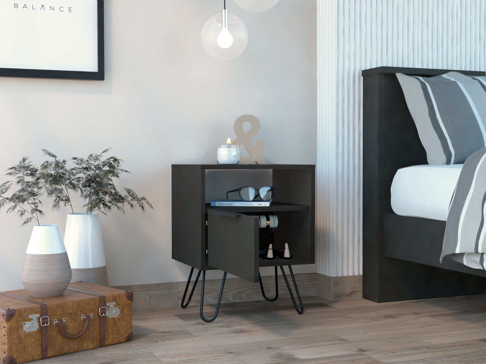 Black Wengue 1 Shelf 1 Drawer Nightstand Black Particle Board