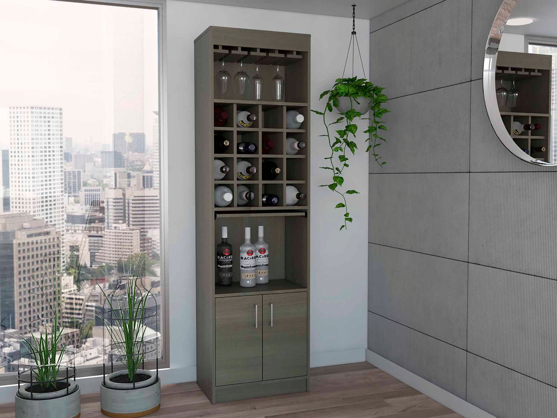 Smokey Oak 16 Bottle 1 Shelf Bar Cabinet Beige Particle Board