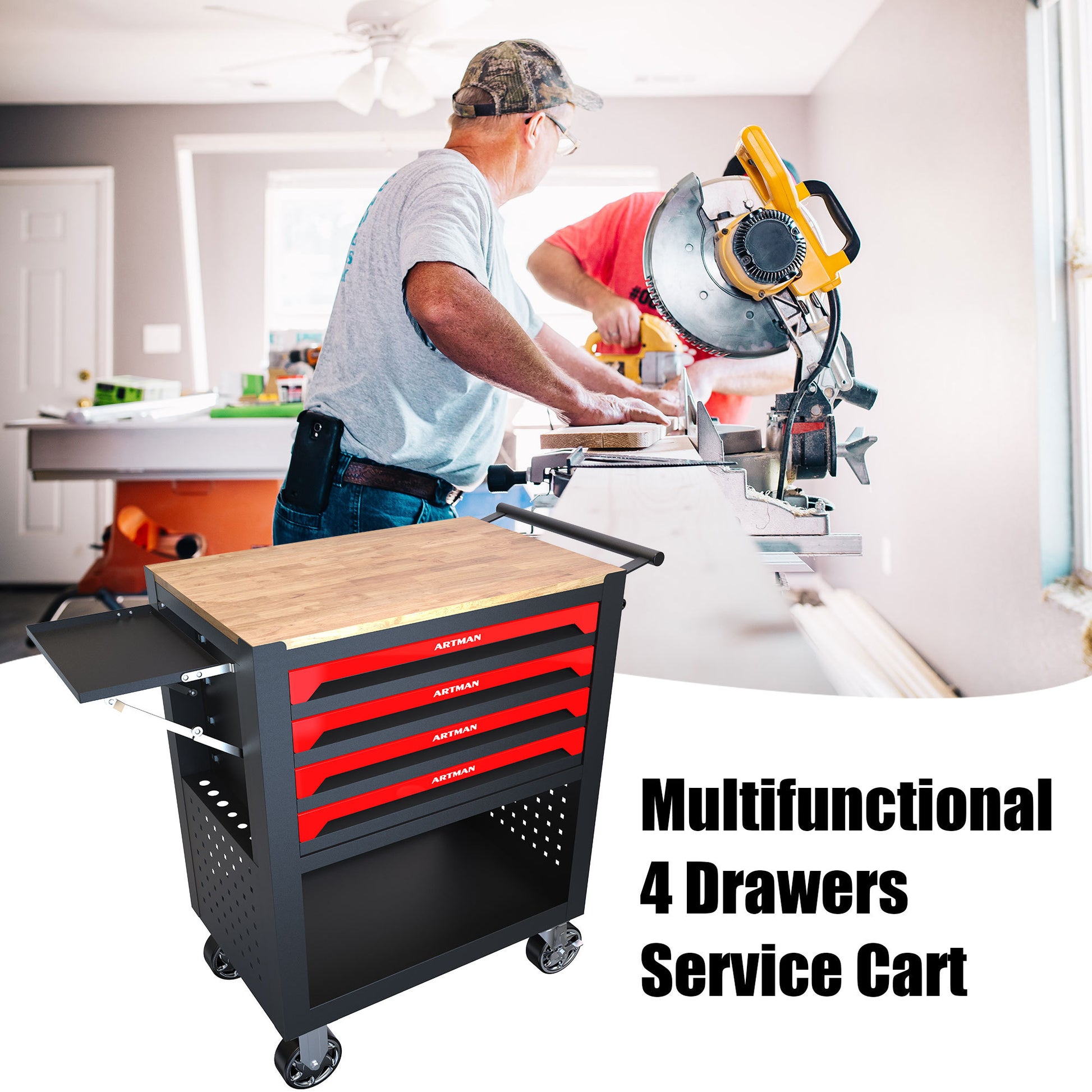 4 Drawers Multifunctional Tool Cart With Wheels And Wooden Top Black Red Metal