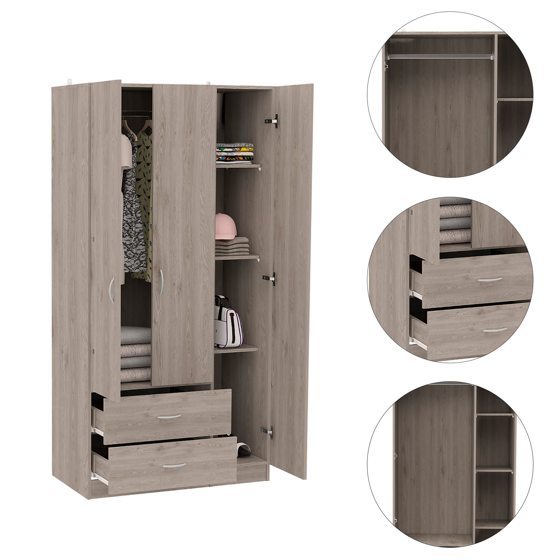 Rowaton 2 Drawer 3 Door Armoire Light Gray Light Gray Particle Board