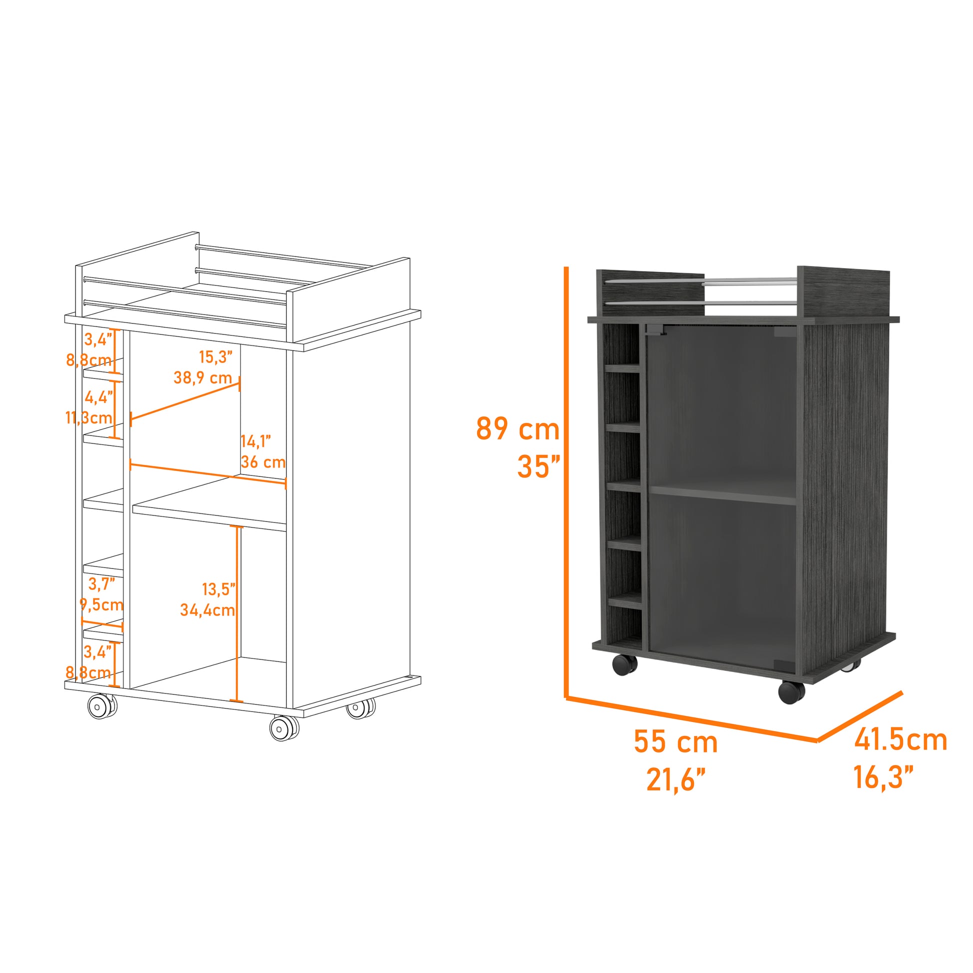 Savannah 6 Bottle 3 Shelf Bar Cart Smokey Oak Brown Particle Board