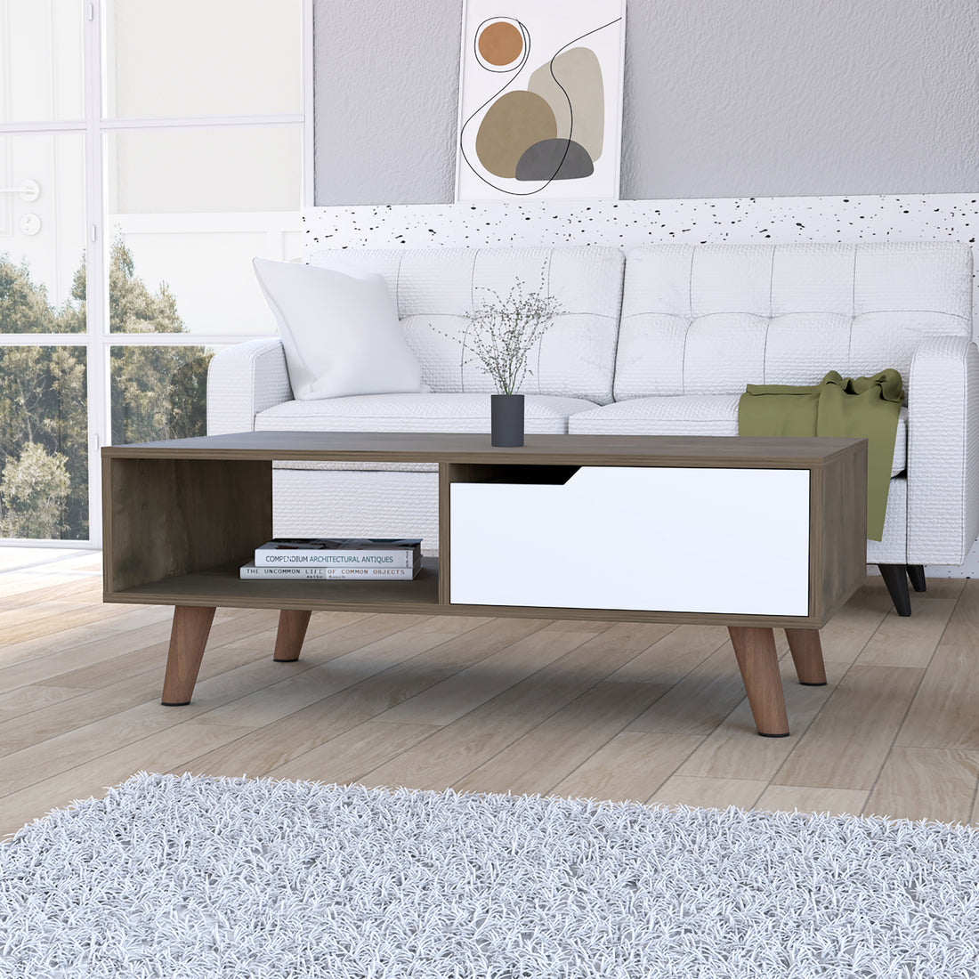 Dark Brown And White 1 Drawer 1 Shelf Rectangle Coffee Table Brown Particle Board
