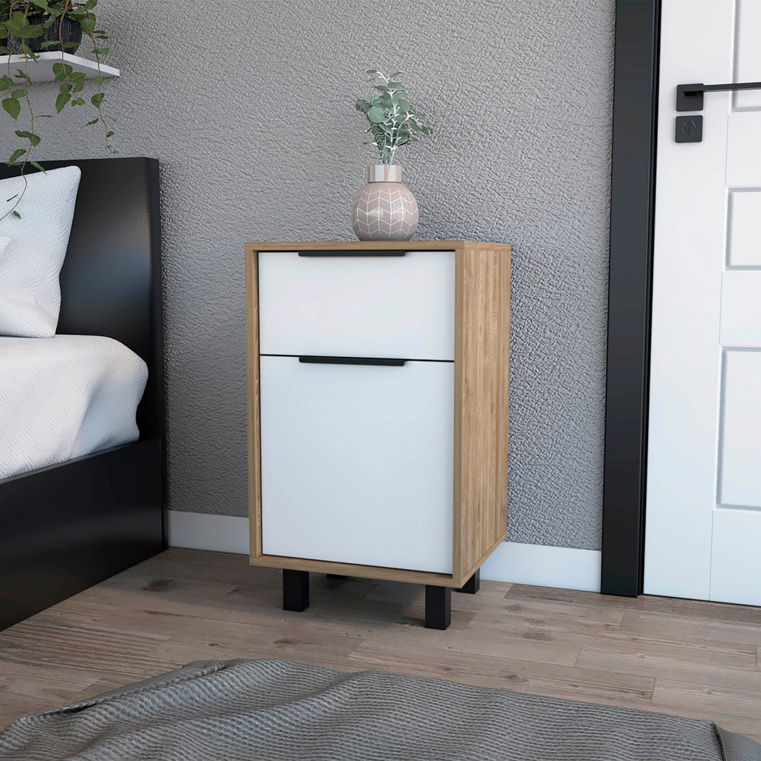 White And Pine 1 Drawer Nightstand White Particle Board