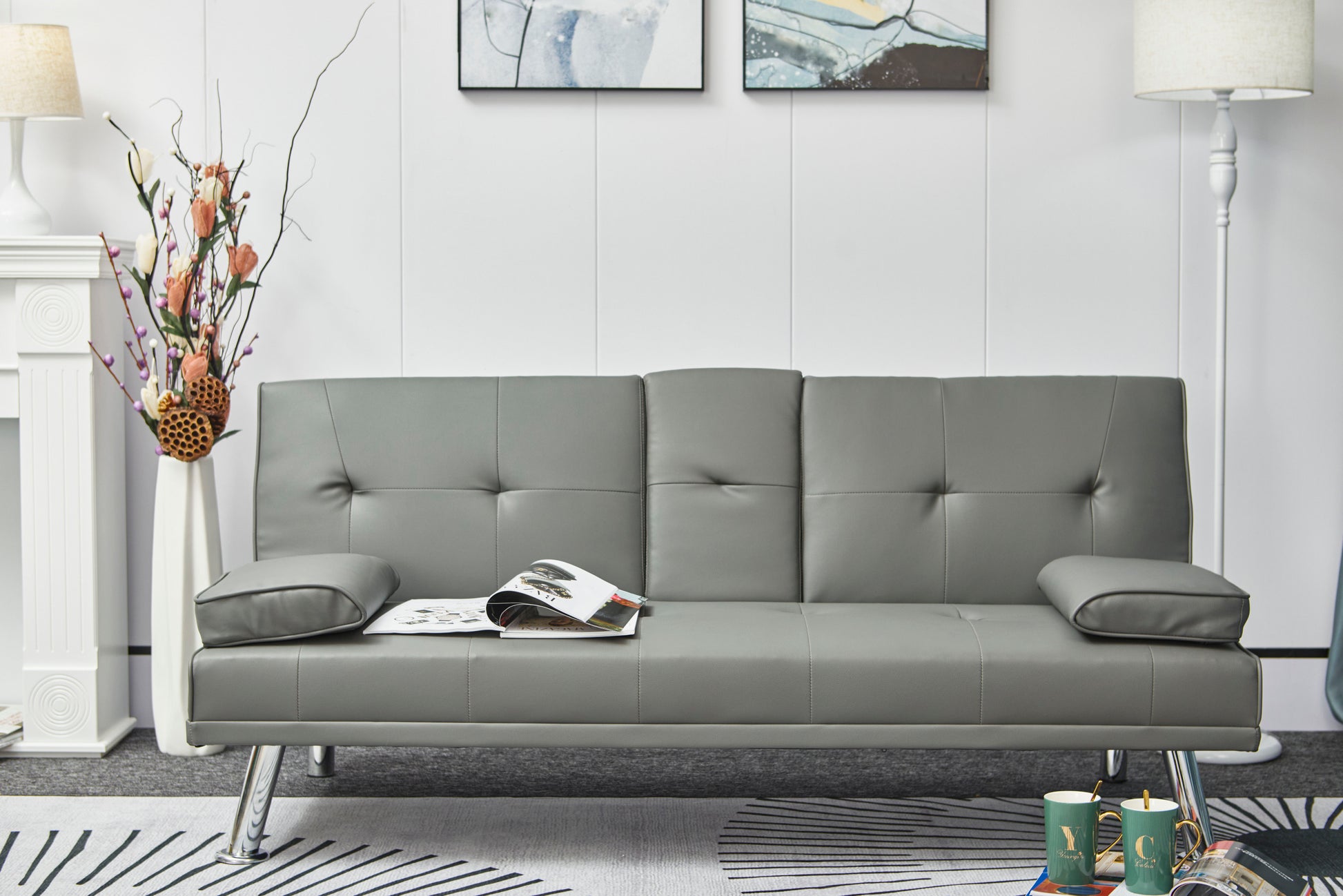 Leather Multifunctional Double Folding Sofa Bed For Office With Coffee Table Grey Foam Pvc 2 Seat