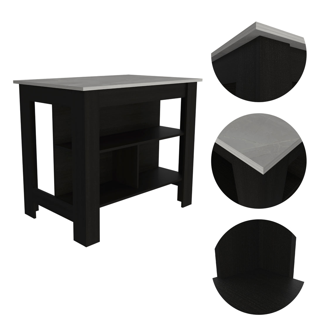 Rockaway 3 Shelf Kitchen Island Black And Ibiza Marble Black Particle Board