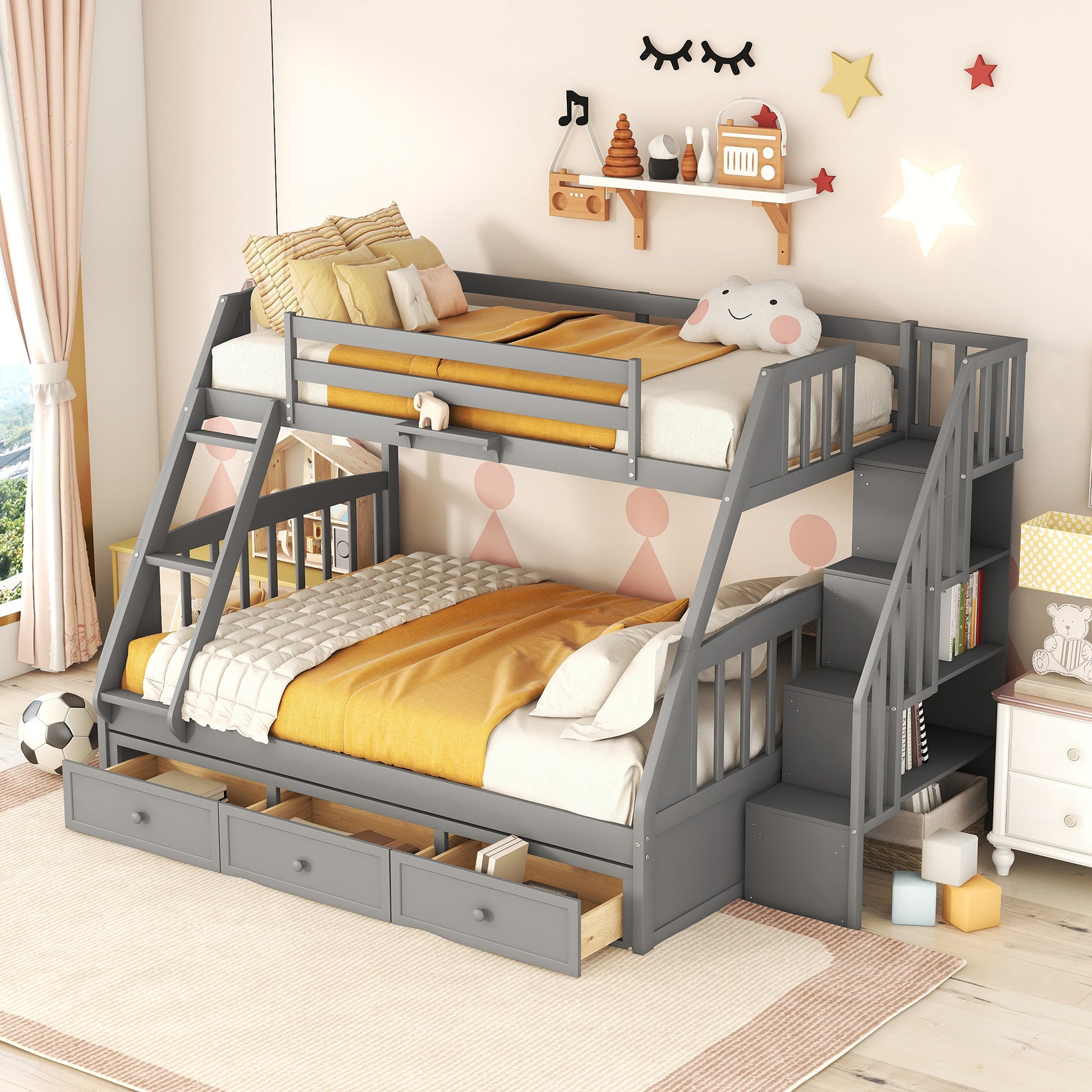 Twin Over Full Bunk Bed With Drawers Ladder And Storage Staircase, Gray Gray Solid Wood Mdf