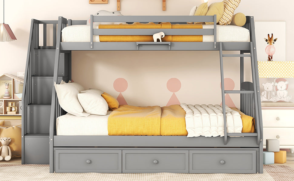 Twin Over Full Bunk Bed With Drawers Ladder And Storage Staircase, Gray Gray Solid Wood Mdf