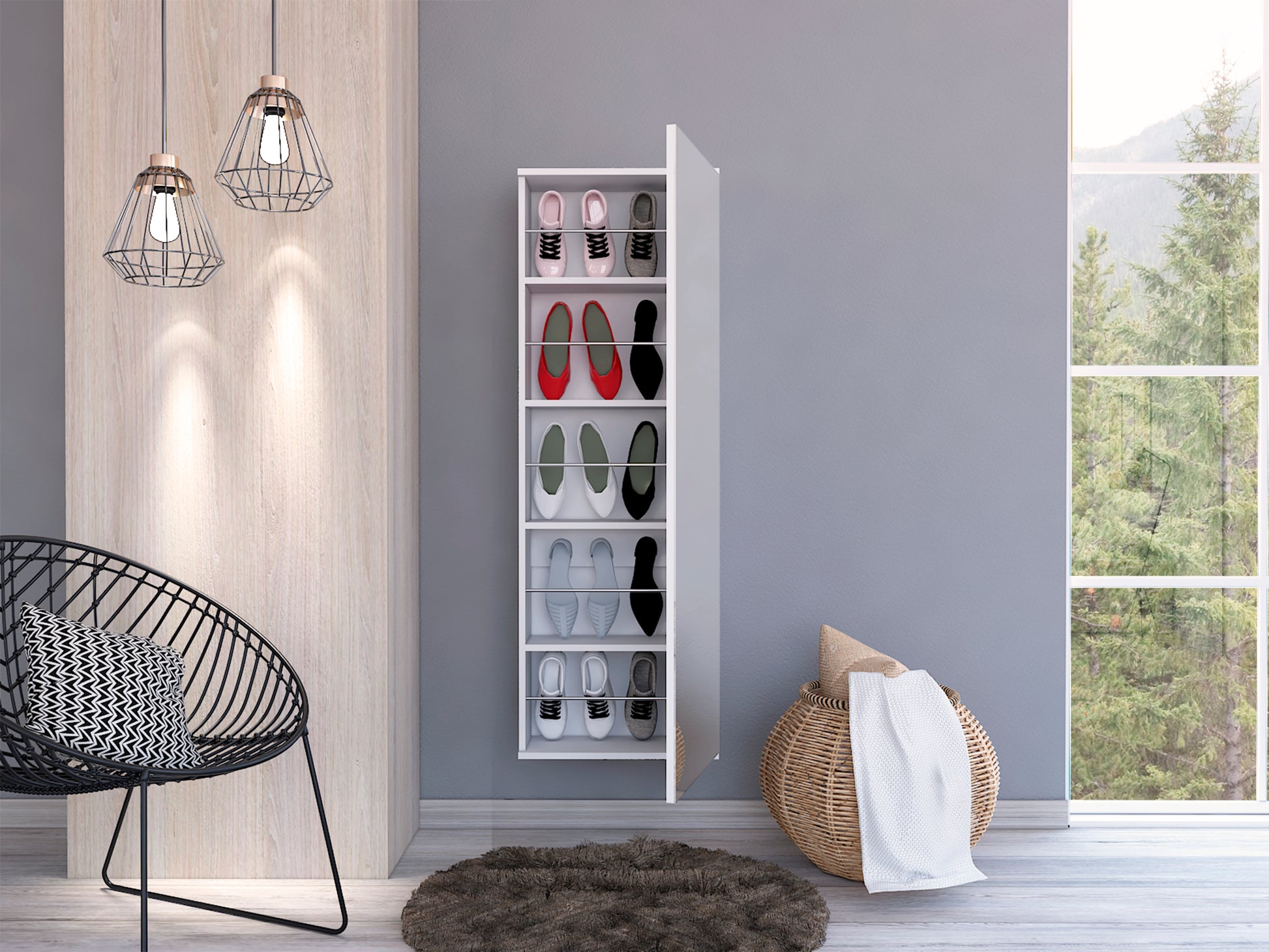 Montauk 5 Shelf Wall Mounted Shoe Cabinet With Mirror Door Light Grey Light Gray Particle Board