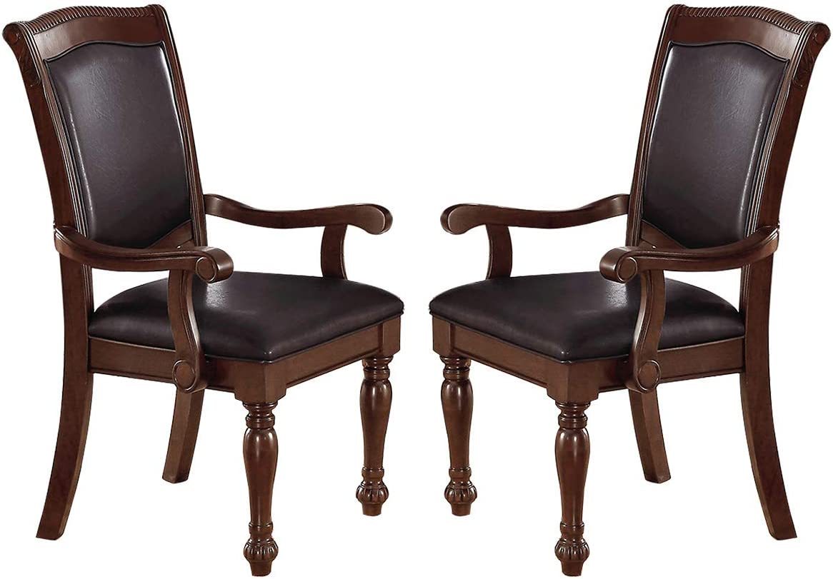 Royal Majestic Formal Set Of 2 Arm Chairs Brown Color Rubberwood Dining Room Furniture Faux Leather Upholstered Seat Brown Brown Dining Room Luxury,Traditional Arm Chair Rubberwood Rubber Wood