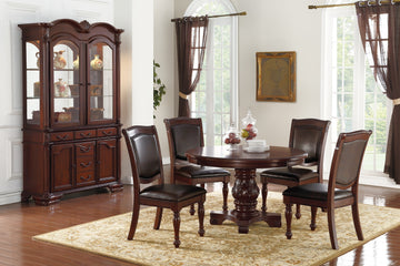 Majestic Classic Formal Dining Room Table And 4X Side Chairs Brown 5Pc Set Dining Table Pedestal Base Round Table Faux Leather Brown Brown Dining Room Luxury,Traditional Rubberwood Rubber Wood