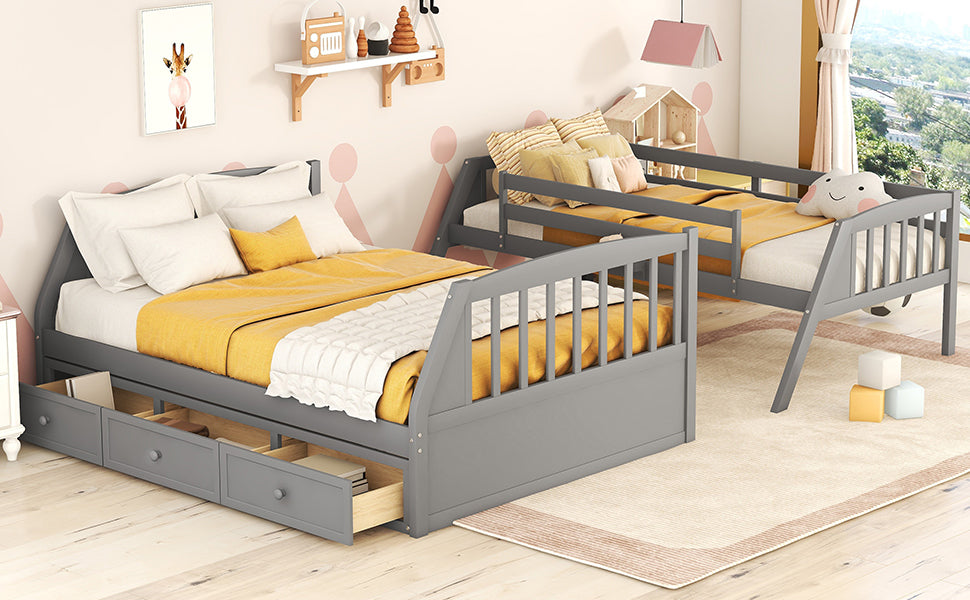 Twin Over Full Bunk Bed With Drawers Ladder And Storage Staircase, Gray Gray Solid Wood Mdf