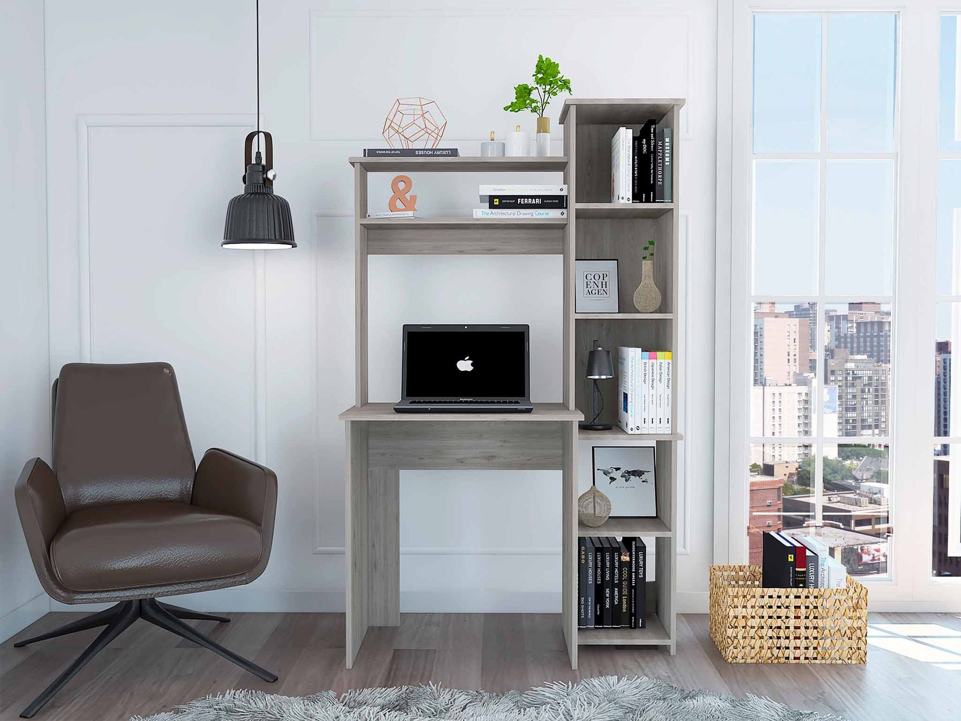 Light Grey 6 Shelf Writing Desk With Built In Bookcase Light Gray Particle Board