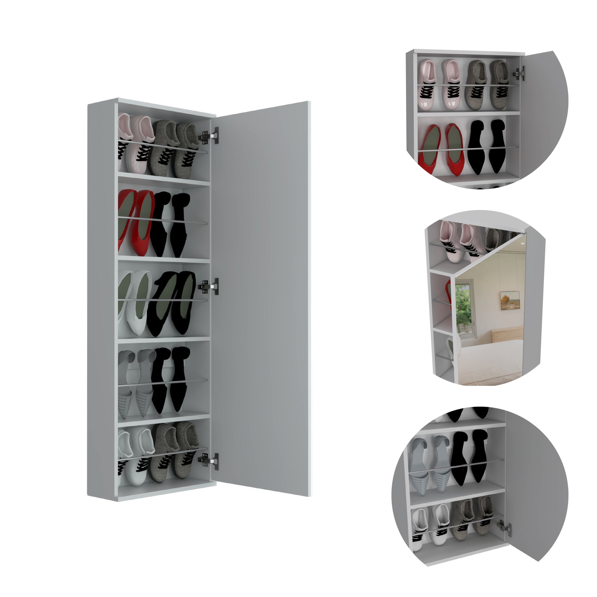 Montauk 5 Shelf Wall Mounted Shoe Cabinet With Mirror Door Light Grey Light Gray Particle Board