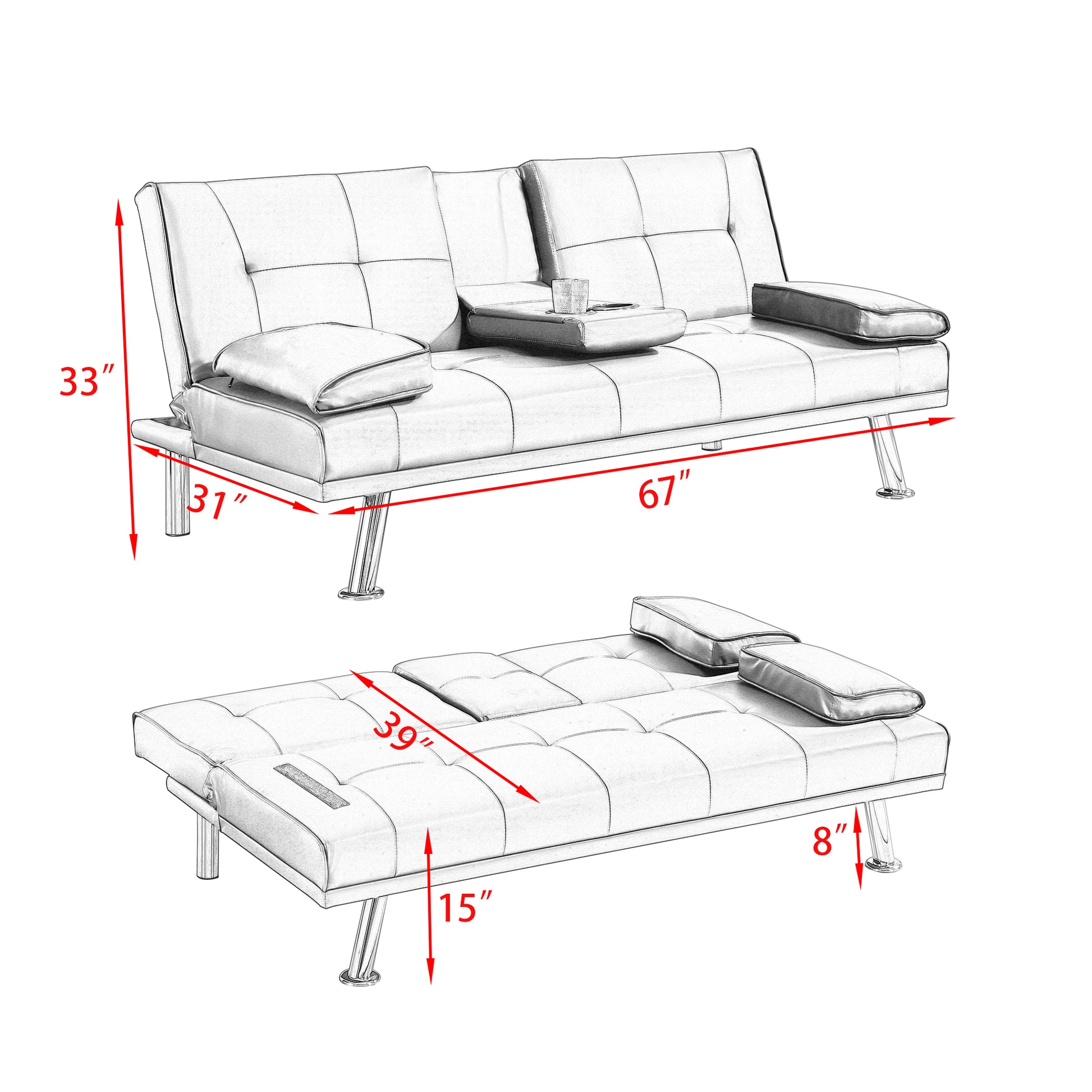 67" Red Leather Multifunctional Double Folding Sofa Bed For Office With Coffee Table Red Foam Pvc 2 Seat